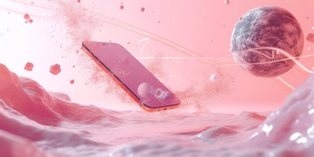 A sleek smartphone levitates above water with a dynamic splash and cosmic elements, creating a surreal and futuristic atmosphere.の素材