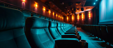An empty theater, seats vacant, the stage set behind the lush red curtain, pregnant with potential by AI generate.の素材