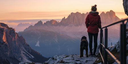 Young women with dog enjoying mountain sunset and looking at the distance by AI generate.の素材