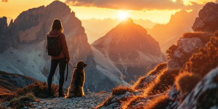 Young women with dog enjoying mountain sunset and looking at the distance by AI generate.の素材