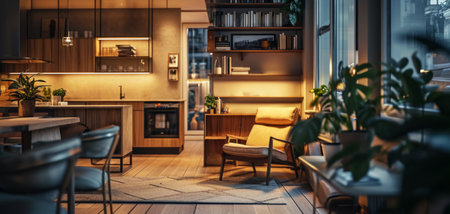 Living room with design armchair in modern home decor with lighting by AI generate.の素材