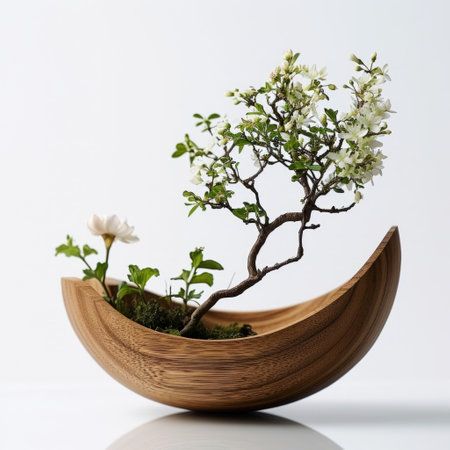 Bonsai tree in a wooden bowl isolated on white background.の素材