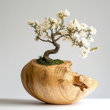 Bonsai tree in a wooden vase on a white backgroundの素材