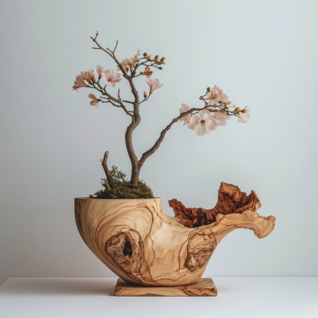 Wooden vase with cherry blossom tree on white background.の素材