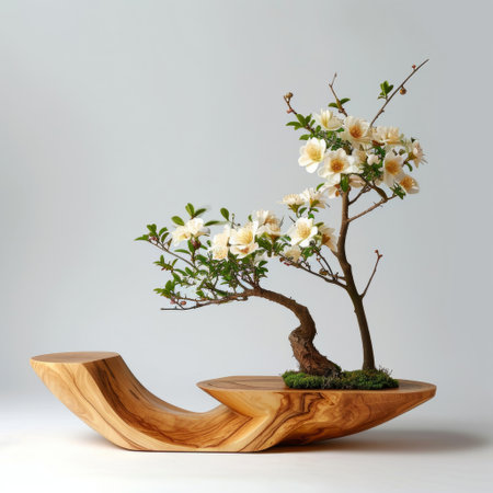 Bonsai tree with white flowers on a wooden stand on a gray backgroundの素材