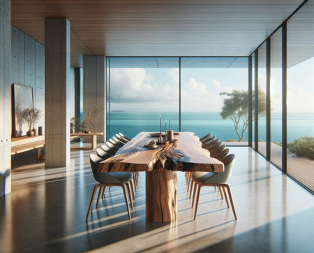 Interior of modern dining room with panoramic sea view. 3D Renderingの素材