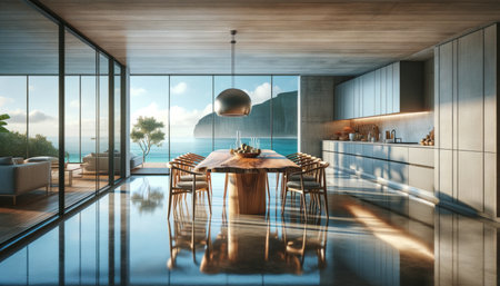 Interior of modern dining room with sea view. 3d renderingの素材