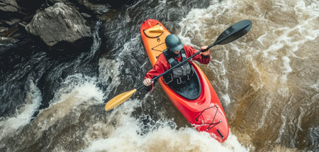 Adventure, A guy in a kayak sails on riverby AI generate.の素材