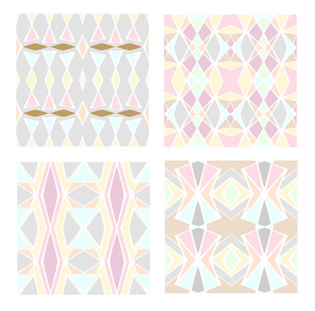 Abstract Pastel seamless pattern. Set of geometric background. Ornament texture with flower silhouettes, lattice, mesh, repeat tiles.のイラスト素材