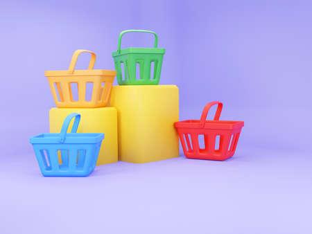Multi-colors empty shopping baskets on purple background. 3d rendering illustration.の写真素材