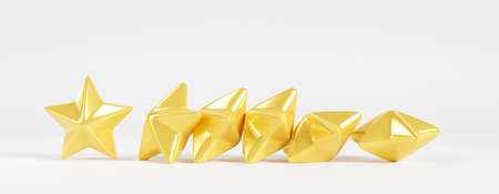 Five gold stars on a white background. 3d rendering, 3d illustration.の写真素材