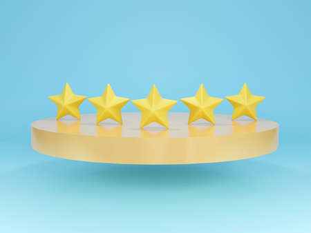 3d render of yellow star rating on podium isolated on blue backgroundの写真素材