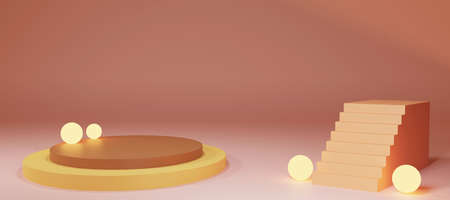 3D rendering of golden podium for product presentation. Abstract background with geometric shapes.