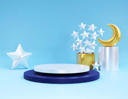 3d render of minimal product display podium with gold star and crescent moon on blue backgroundの写真素材