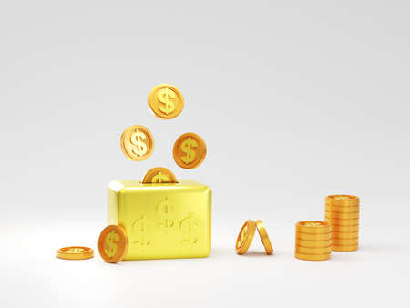 Gold coins and gold box on white background. 3D rendering.