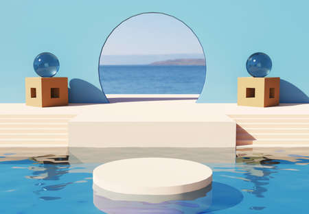 3d rendering of abstract geometric forms. Minimal scene with podiums and sea view background.