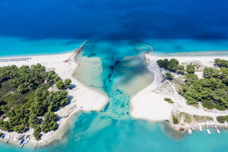Aerial drone view of Port Glarokavos and lagoon beach in Chalkidiki Greeceの写真素材
