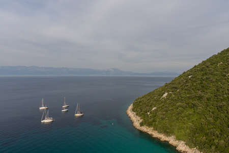 Sailing on adriatic sea Makarska Korcula Croatia Aerial Drone Photo. Yacht in marina, sailing in...