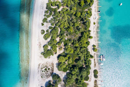 Aerial drone view of Port Glarokavos and lagoon beach in Kassandra penisula Chalkidiki Greeceの写真素材