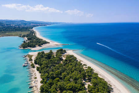 Aerial drone view of Port Glarokavos and lagoon beach in Kassandra penisula Chalkidiki Greeceの写真素材
