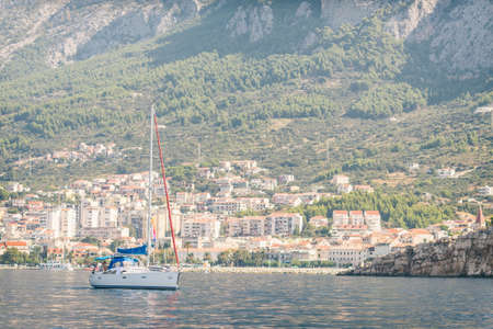 Sailing sunset on adriatic sea Makarska Korcula Croatia. Yacht in marina, sailing in Croatia.のeditorial素材