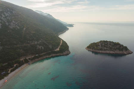 Sailing on adriatic sea Makarska Korcula Croatia Aerial Drone Photo. Yacht in marina, sailing in Croatia.のeditorial素材