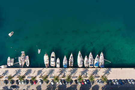 Sailing on adriatic sea Makarska Korcula Croatia Aerial Drone Photo. Yacht in marina, sailing in Croatia.のeditorial素材