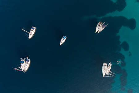 Sailing on adriatic sea Makarska Korcula Croatia Aerial Drone Photo. Yacht in marina, sailing in Croatia.のeditorial素材