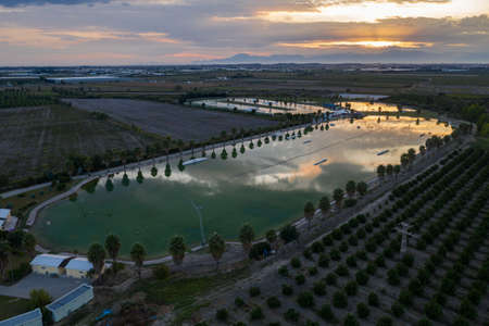 Aerial drone view sunset in Hip-notics cable park wake park in Antalya Turkey. Wakeboarding in Turkeyの写真素材