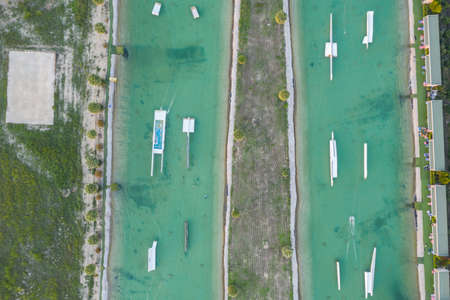 Aerial drone view Hip-notics cable park wake park in Antalya Turkey. Wakeboarding in Turkeyの写真素材