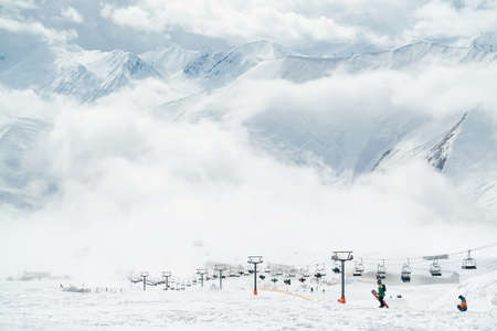 Aerial drone Gudauri ski resort in winter. Caucasus mountains in Georgia