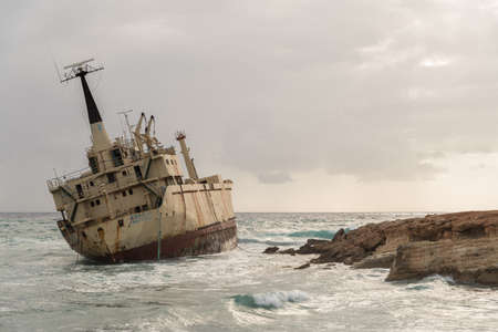 Abandoned shipwreck Edro at sunset near Paphos, Cyprus