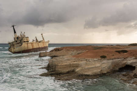 Abandoned shipwreck Edro at sunset near Paphos, Cyprusの写真素材