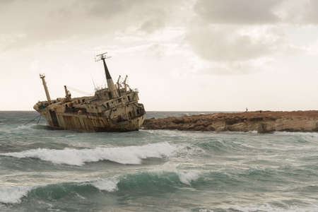 Abandoned shipwreck Edro at sunset near Paphos, Cyprus