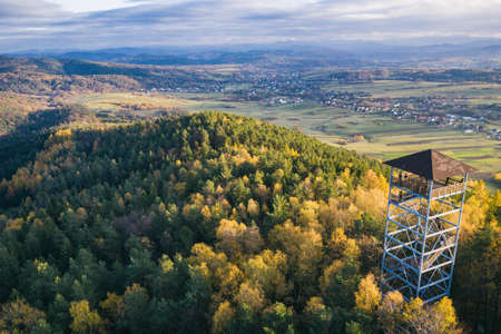 Iwkowa village country in Brzesko Poland. Polish mountains and hills aerial drone photoのeditorial素材