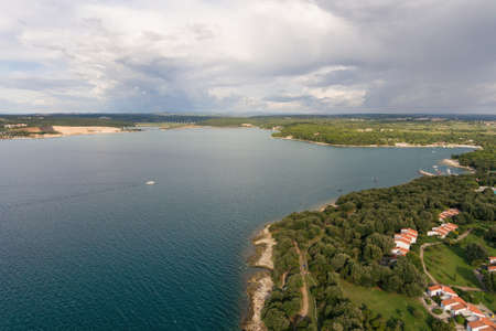 Holiday on adriatic sea in Lanterna Porec Istarska Croatia Aerial drone photoの写真素材