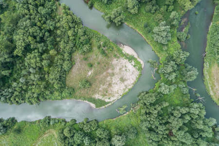 Nysa Klodzka river in Omochow polish village in Poland aerial drone photo
