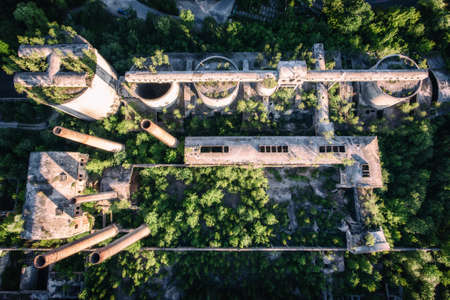 Old abandoned cement factory in Bedzin Poland aerial drone photoの写真素材