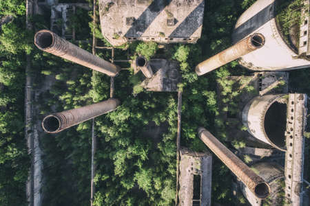 Old abandoned cement factory in Bedzin Poland aerial drone photoの写真素材