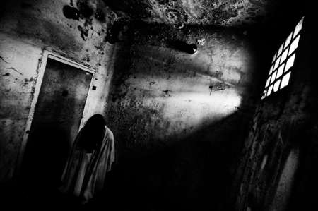 Horror the ring costume scary woman with black hairs in creepy building