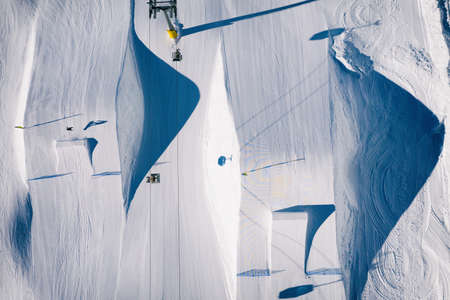 Aerial drone view of Madonna di Campiglio and ursus snowpark in Val Rendena dolomites trentino Italyの写真素材