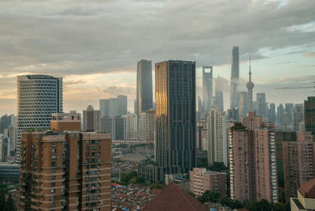 Shanghai city in China Asia aerial drone photoのeditorial素材