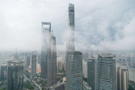 Shanghai city in China Asia aerial drone photoのeditorial素材