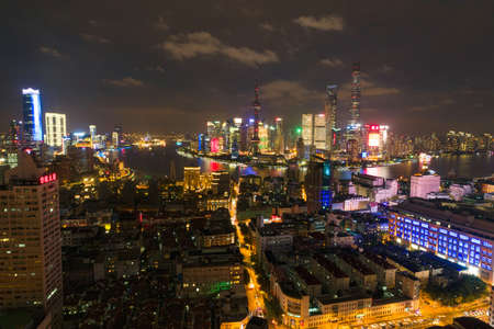 Shanghai city at night in China Asia aerial drone photoのeditorial素材