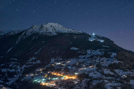 Night photo of Veysonnaz in Alps mountains resort Les 4 Vallees Switzerlandの写真素材