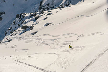 Freeride heliboarding in Veysonnaz in Alps mountains resort Les 4 Vallees Switzerlandの写真素材