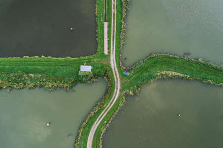Fish breeding ponds, fish pond in Bielsko Biala, Beskid Mountains Poland Aerial drone photo