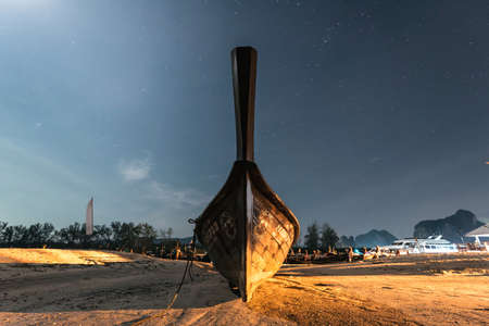 Thai boats on Andaman Sea at night in Krabi Thailand Asiaのeditorial素材