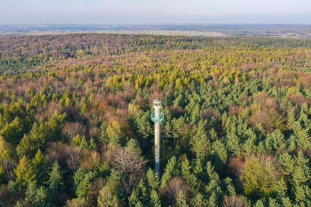 Observation Tower, Fire lookout tower in forest in atumn in Dabrowa Gornicza Silesia Poland aerial drone photoの写真素材