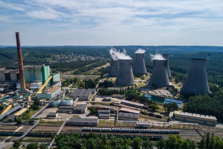 Chimneys and big heating plant powerhouse Siersza Poland aerial drone viewのeditorial素材
